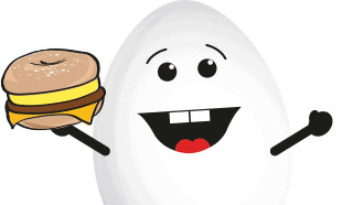 Eggy character holding a breakfast sandwich