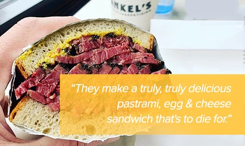 pastrami sandwich with quote "Thye make a truly, truly delicious pastrami, egg & cheese sandwich that's to die for."