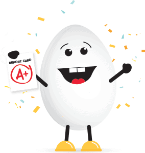 Eggy character with a report card that says A+