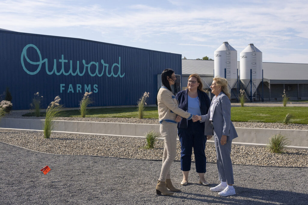First Lady Jill Biden greets Outward Farms President and CEO Sandra Lausecker and President and CEO of the American Egg Board Emily Metz at Outward Farms on World Egg Day, Friday, October 13, 2023, in Raymond, Ohio. (Official White House Photo by Erin Scott)